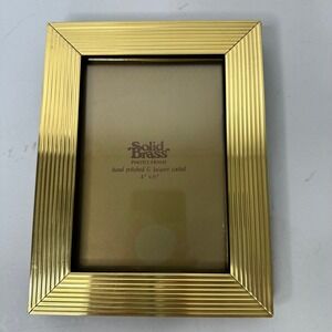 Vintage Solid Brass Ribbed Photo Frame Hand Polished Lacquer Coated 4x6 Gold